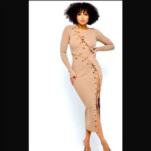 Tan Lace Up Longsleeve Maxi Dress
